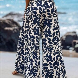 SHEIN Blue and White Patterned Wide Leg Pants